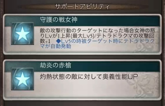 グラブル アテナ キャラ の性能について 属性変化によるダメージカットで確実にダメージ軽減が可能なことや 奥義による火属性攻撃upやガード効果 女神の怒りlvによりテトラドグマの自動発動とオートでの周回でも便利 もちろん火有利古戦場でも 犬のゲーム日誌